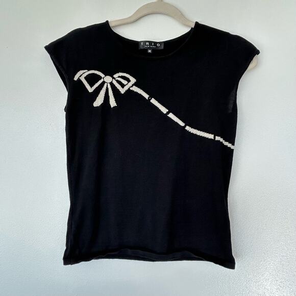 Vintage TRIO New York 100% Silk Black Sweater Ribbon Bow Women’s Top Medium 90s - Picture 1 of 4